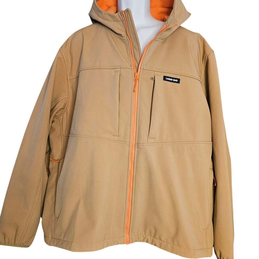 Lands' End Men's XXL Hooded Softshell Jacket Tan Camel Orange Contrast Zip -87